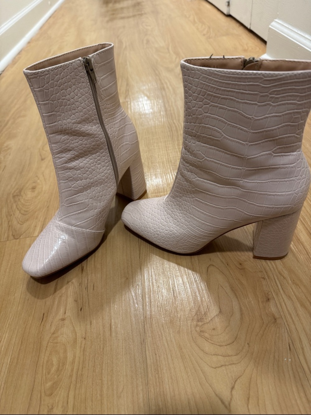 Lulu's Croc-Embossed Pointed Toe Block Heel Ankle Boots - Light Pink